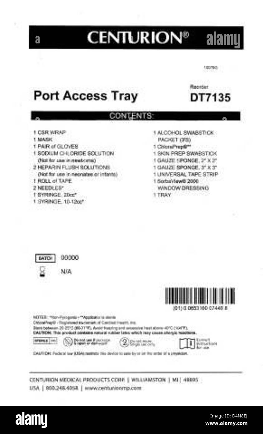 American Regent hat aufgrund von Problemen mit der Qualitätskontrolle Convenience Kits mit bakteriostatischer Natriumchloridlösung zurückgerufen. Betroffene Produkte sollten nicht verwendet und an den Hersteller zurückgesendet werden. Stockfoto