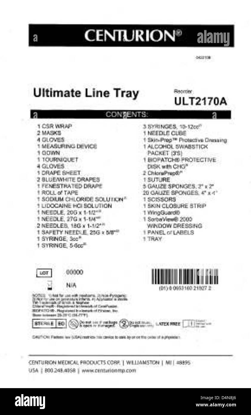 American Regent hat aus Sicherheitsgründen Convenience Kits mit bakteriostatischer Natriumchloridlösung zurückgerufen. Diese Kits sollten an den Hersteller oder Händler zurückgesendet werden, um eine Erstattung zu erhalten. Stockfoto