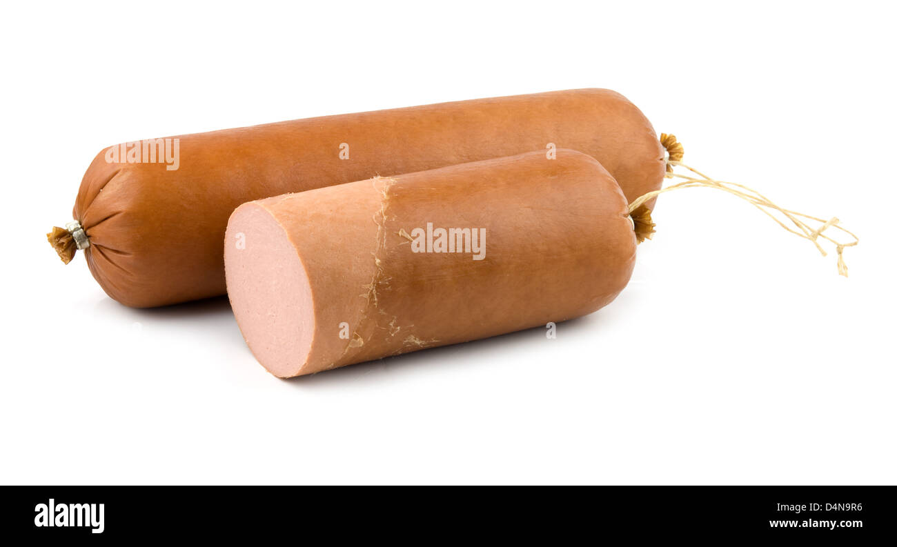 geräucherte Wurst auf einem weißen Hintergrund Stockfoto