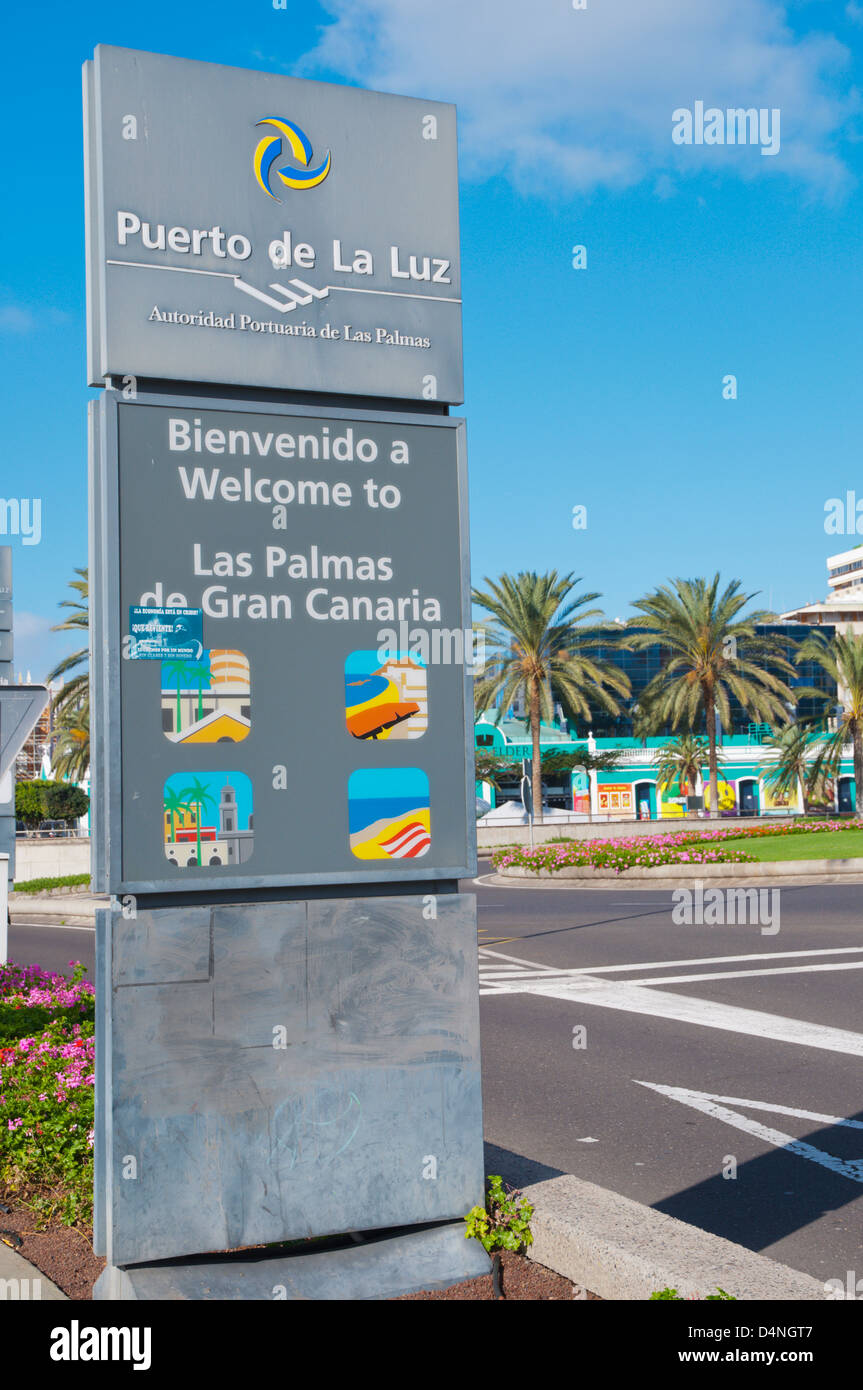 Willkommen bei Las Palmas Schild Puerto De La Luz Hafen Stadt Las Palmas de Gran Canaria Gran Canaria Insel der Kanaren Stockfoto