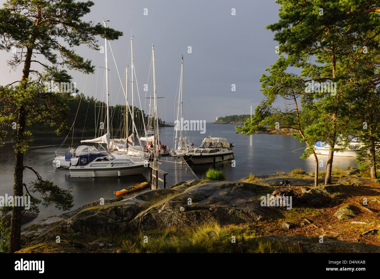 Boote vertäut am Ufer im Djurö Nationalpark, Vänern, Schweden, Europa Stockfoto