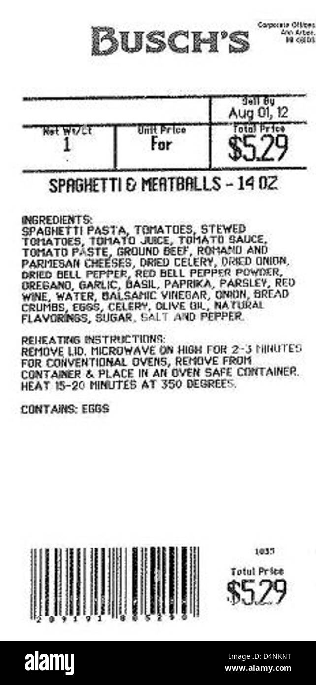 Der Frischlebensmittelmarkt von Busch hat aufgrund von Verunreinigungen mehrere Feinkostprodukte zurückgerufen. Betroffene Produkte sollten aus Sicherheitsgründen zurückgesendet werden. Stockfoto