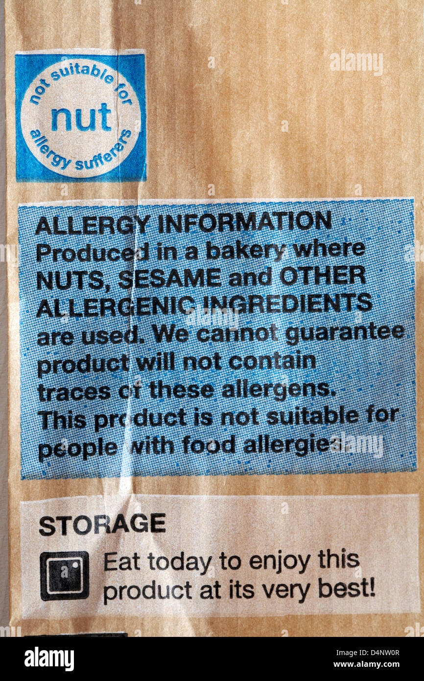 Nicht geeignet für Mutter Allergiker unterzeichnen und Allergie Informationen auf Baguette Tasche und Lagerung Hinweise Stockfoto