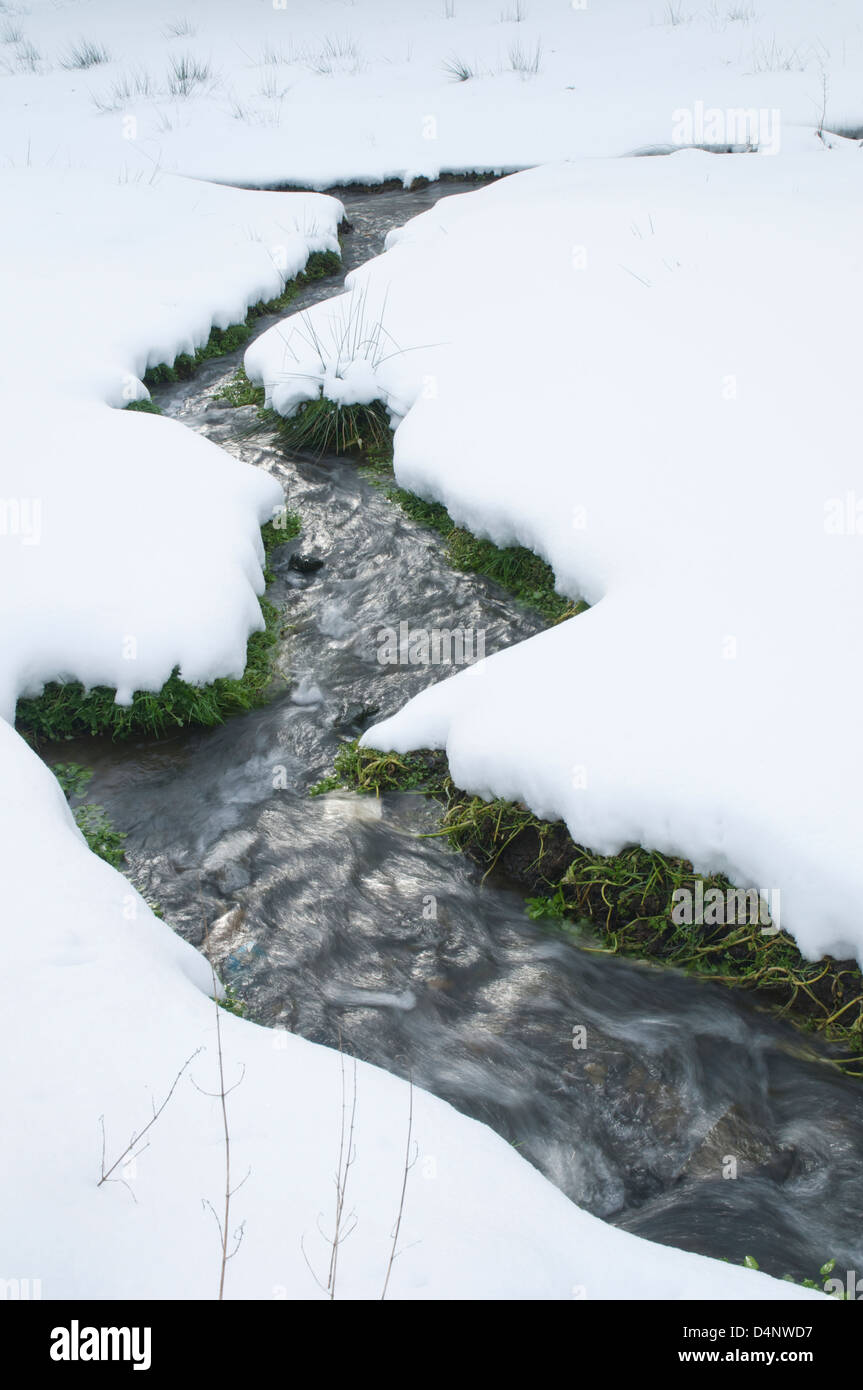 Kleiner Bach schneiden durch Schnee bedeckt Landschaft Stockfoto