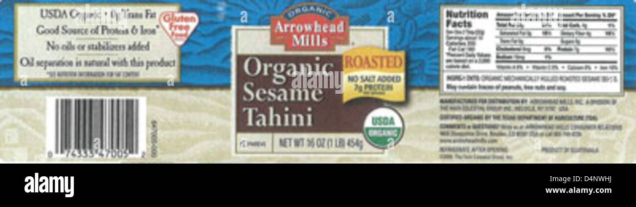 Sunland Inc. Hat aufgrund von Bedenken hinsichtlich der Lebensmittelsicherheit eine Rückrufaktion für aromatisierte Butter, Aufstriche und andere Produkte von American Choice, Archer Farms und Arrowhead Mills veröffentlicht. Betroffene Produkte sollten zur Erstattung oder Entsorgung zurückgegeben werden. Stockfoto