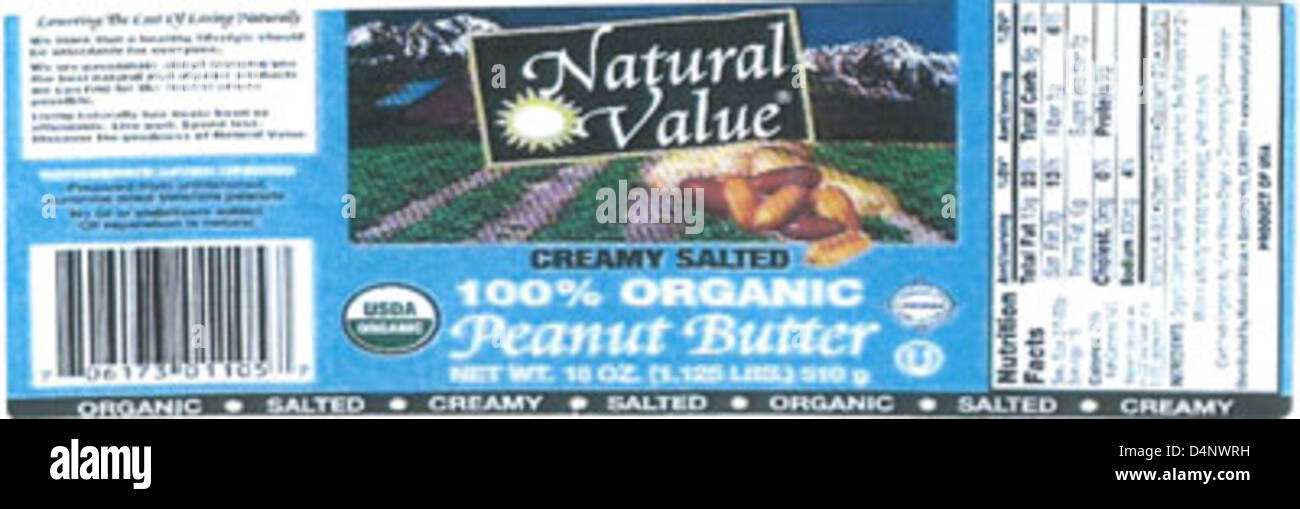 Sunland Inc. Hat aufgrund von Bedenken hinsichtlich der Lebensmittelsicherheit eine Rückrufaktion für aromatisierte Butter, Aufstriche und andere Produkte von Marken wie American Choice, Archer Farms und Arrowhead Mills veröffentlicht. Die Verbraucher sollten diese Artikel vermeiden und ihre Produktetiketten auf Einzelheiten zu den betroffenen Chargen überprüfen. Stockfoto