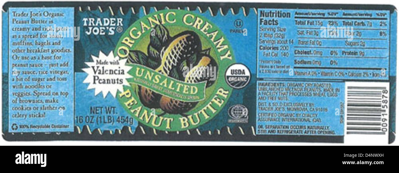 Verschiedene Produkte, darunter aromatisierte Butter und Aufstriche von Marken wie American Choice, Archer Farms, Arrowhead Mills und anderen, wurden von Sunland Inc. Aufgrund von Bedenken hinsichtlich der Lebensmittelsicherheit zurückgerufen. Diese Artikel können ein Risiko für die Verbraucher darstellen. Überprüfen Sie, ob relevante Produktdetails vorliegen, um die Sicherheit zu gewährleisten. Stockfoto