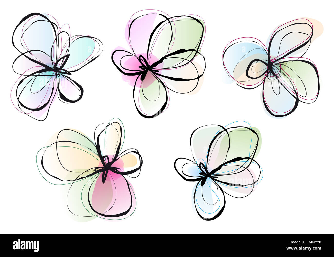 abstrakte Blumen, Tusche-Zeichnung und Aquarell Malerei, digitale Kunst Stockfoto