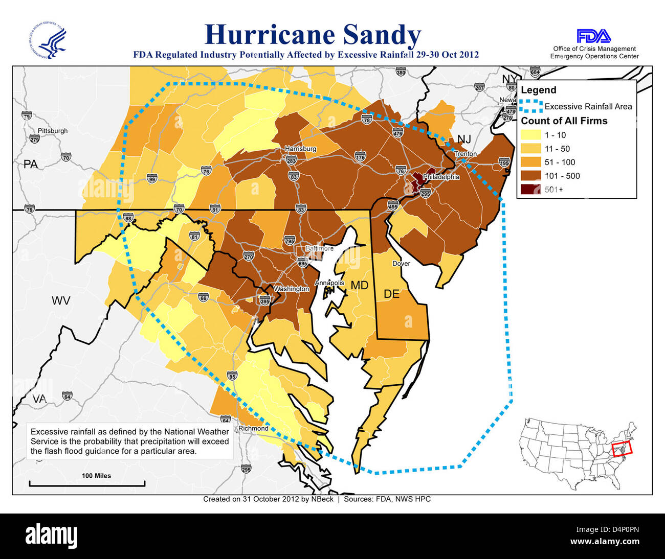 Hurrikan Sandy, FDA Emergency Operations Center Karte Stockfoto