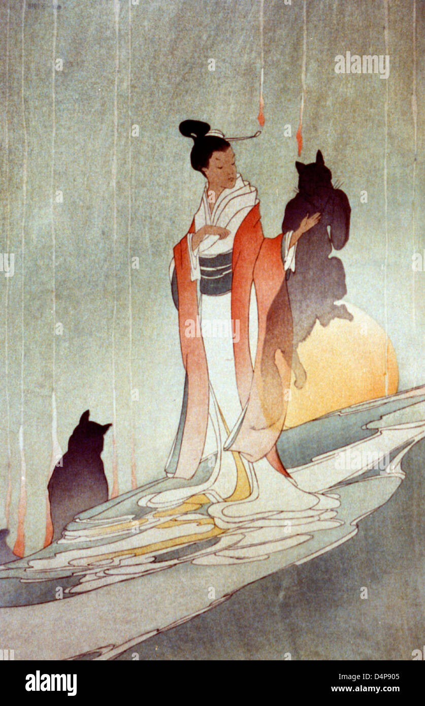 Fox - japanische Frau in konventionellen Kostüm mit schattenhafte Figuren der zwei Füchse, ca. 1916 Stockfoto