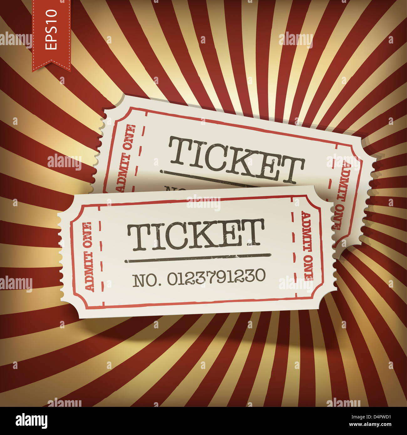 Kino-Tickets auf Retro Strahlen Hintergrund Stockfoto