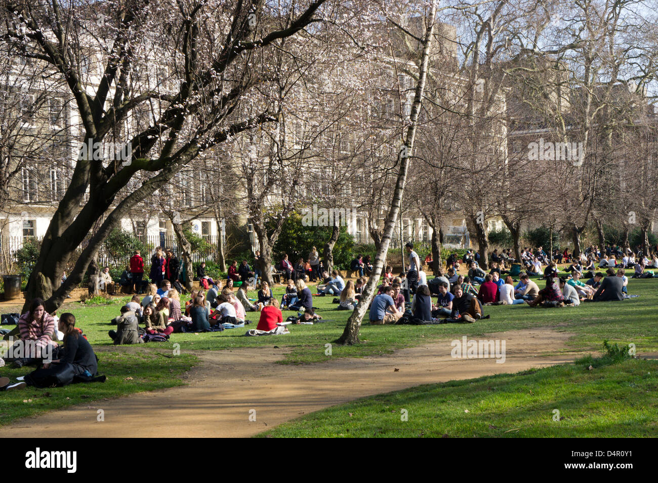 Londoner entspannend in der Frühlingssonne in Gordon Square, Bloomsbury, London Stockfoto