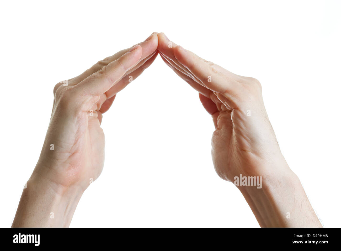 Hände in Form eines Hauses auf weißem Hintergrund Stockfoto