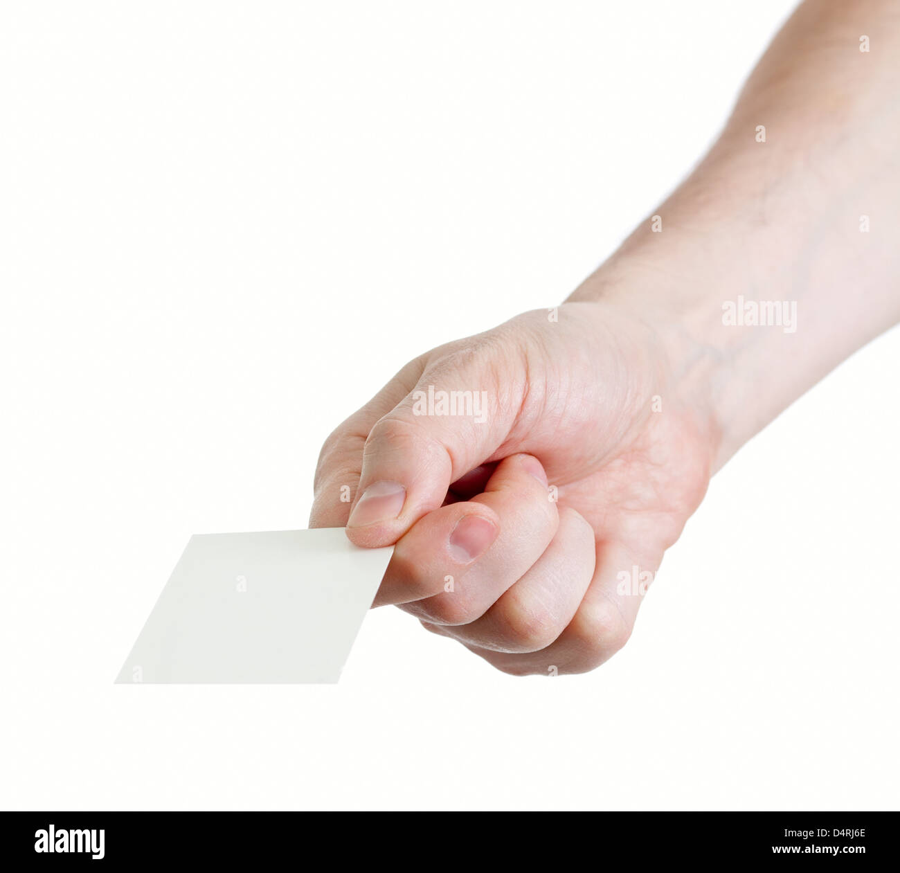 Hand mit leerem Papier isoliert auf weißem Hintergrund Stockfoto