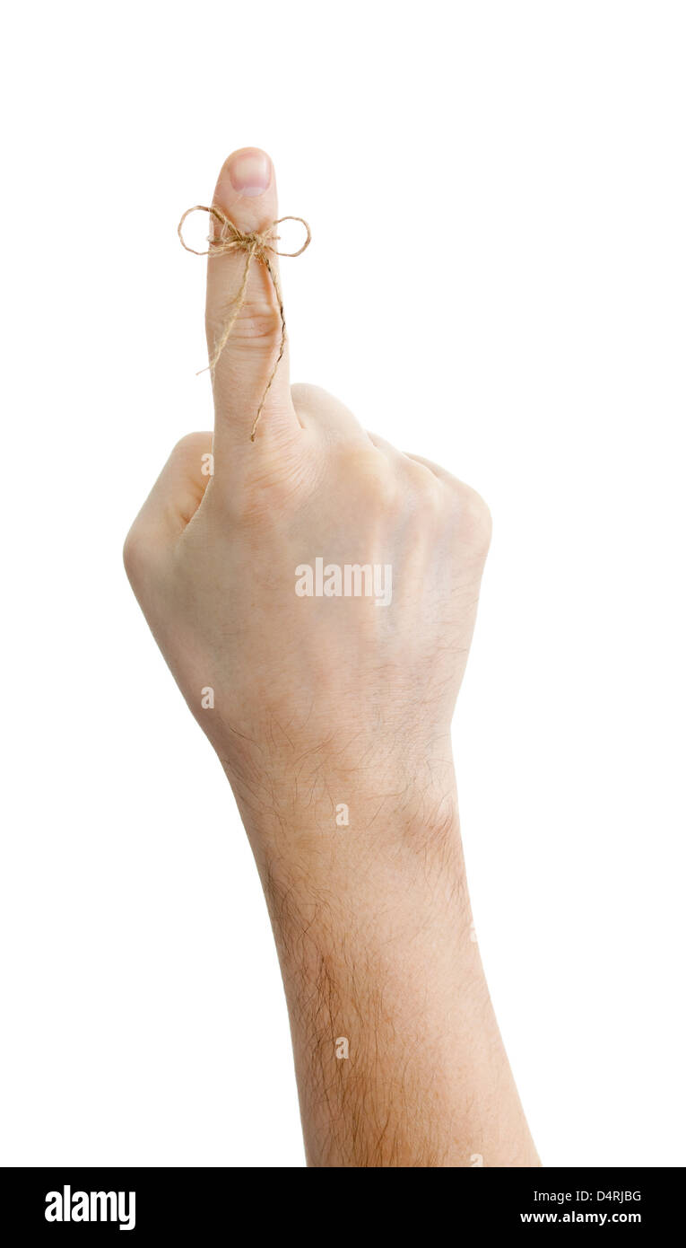 Erinnerung-Konzept mit Hand und Knoten isoliert auf weißem Hintergrund Stockfoto