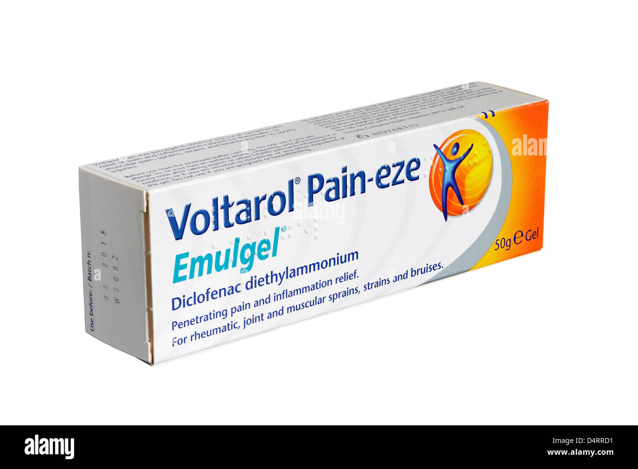 Voltarol Schmerz-Eze Emulgel isoliert auf weißem Hintergrund Stockfoto