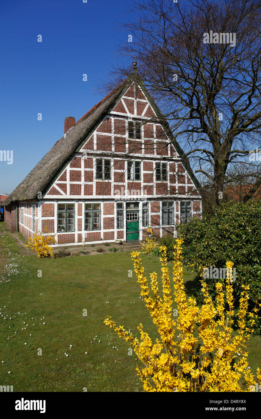 Altes Land, gerahmt Farmhaus am Fluss Este im Frühjahr, Niedersachsen, Deutschland Stockfoto