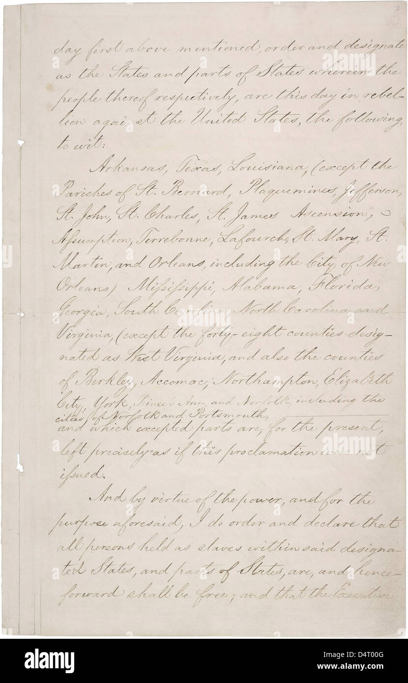 Die am 1. Januar 1863 unterzeichnete Emanzipationsproklamation markierte einen Wendepunkt in der US-Geschichte, indem sie die Freiheit der Sklaven in den Konföderierten staaten erklärte. Stockfoto Die am 1. Januar 1863 unterzeichnete Emanzipationsproklamation markierte einen Wendepunkt in der US-Geschichte, indem sie die Freiheit der Sklaven in den Konföderierten staaten erklärte. Stockfoto