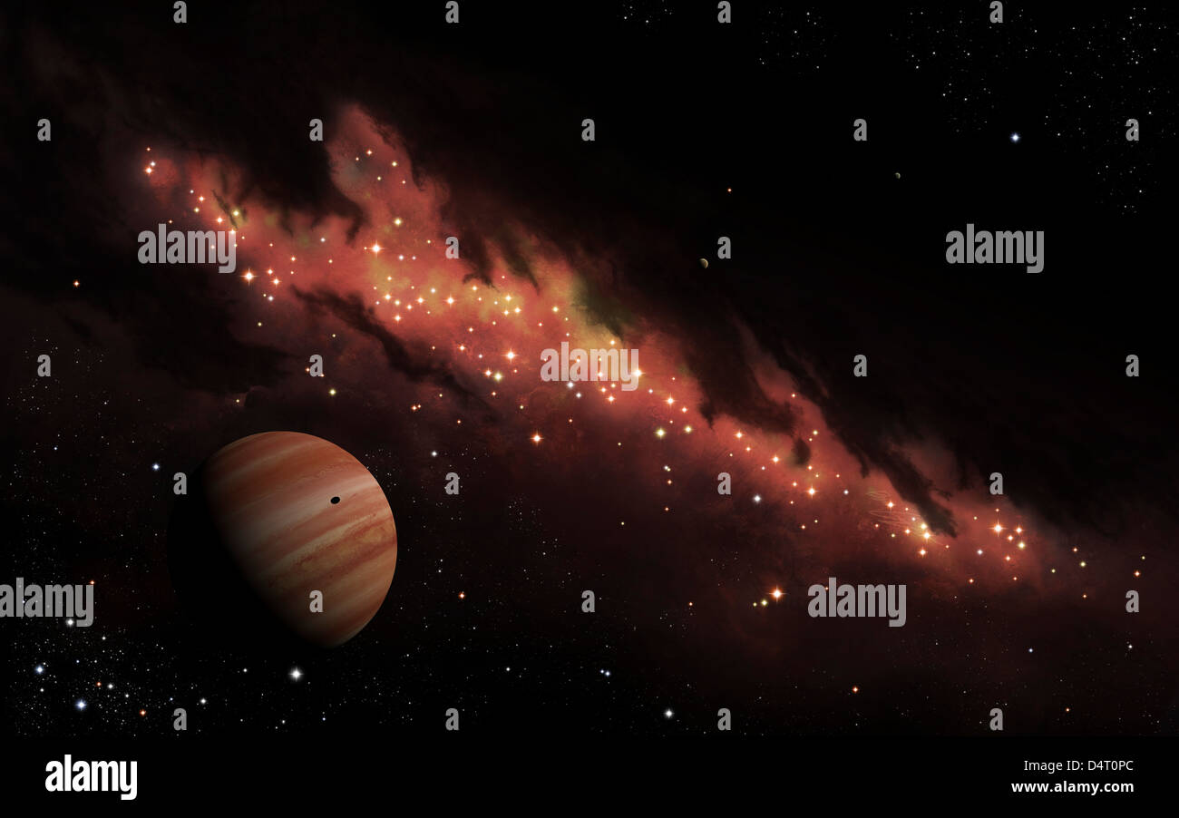 Konzept des Künstlers eine HII-Region des Weltraums, in einen dunklen Nebel gehüllt, von in der Nähe ein Gas riesigen Planeten gesehen. Stockfoto
