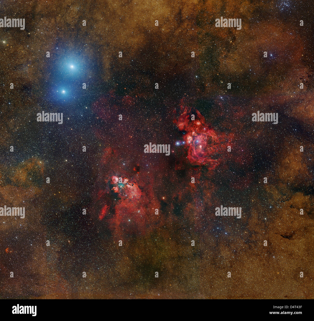 NGC 6334 und NGC 6357, Katzenpfote und Hummer Nebel in Scorpius. Stockfoto