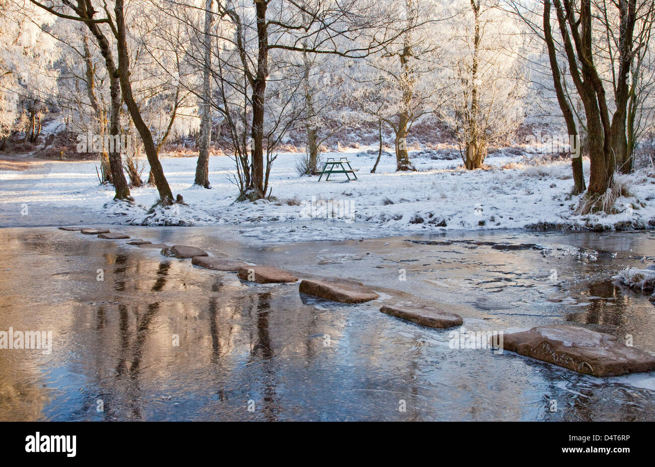 Schöne Winterlandschaft, Stepping Stones Sherbrooke Tal Frühwinter Cannock Chase Country Park AONB Vereinigtes Königreich Stockfoto