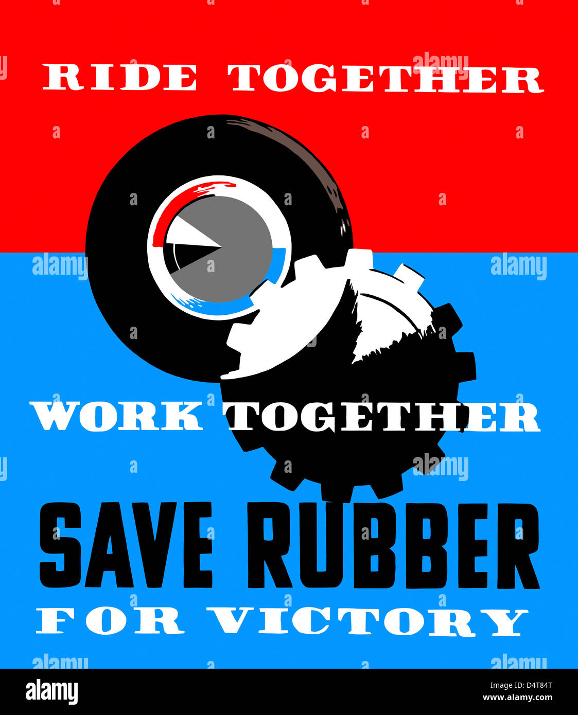 Vintage WPA-Plakat von einem Zahnrad und einem Reifen. Es liest, Fahrt zusammen, arbeiten zusammen, sparen Kautschuk für Sieg. Stockfoto