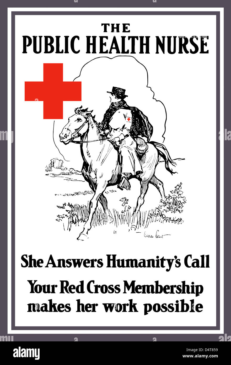 Vintage Weltkrieg Plakat des Roten Kreuzes Krankenschwester Reiten auf dem Pferd. Stockfoto