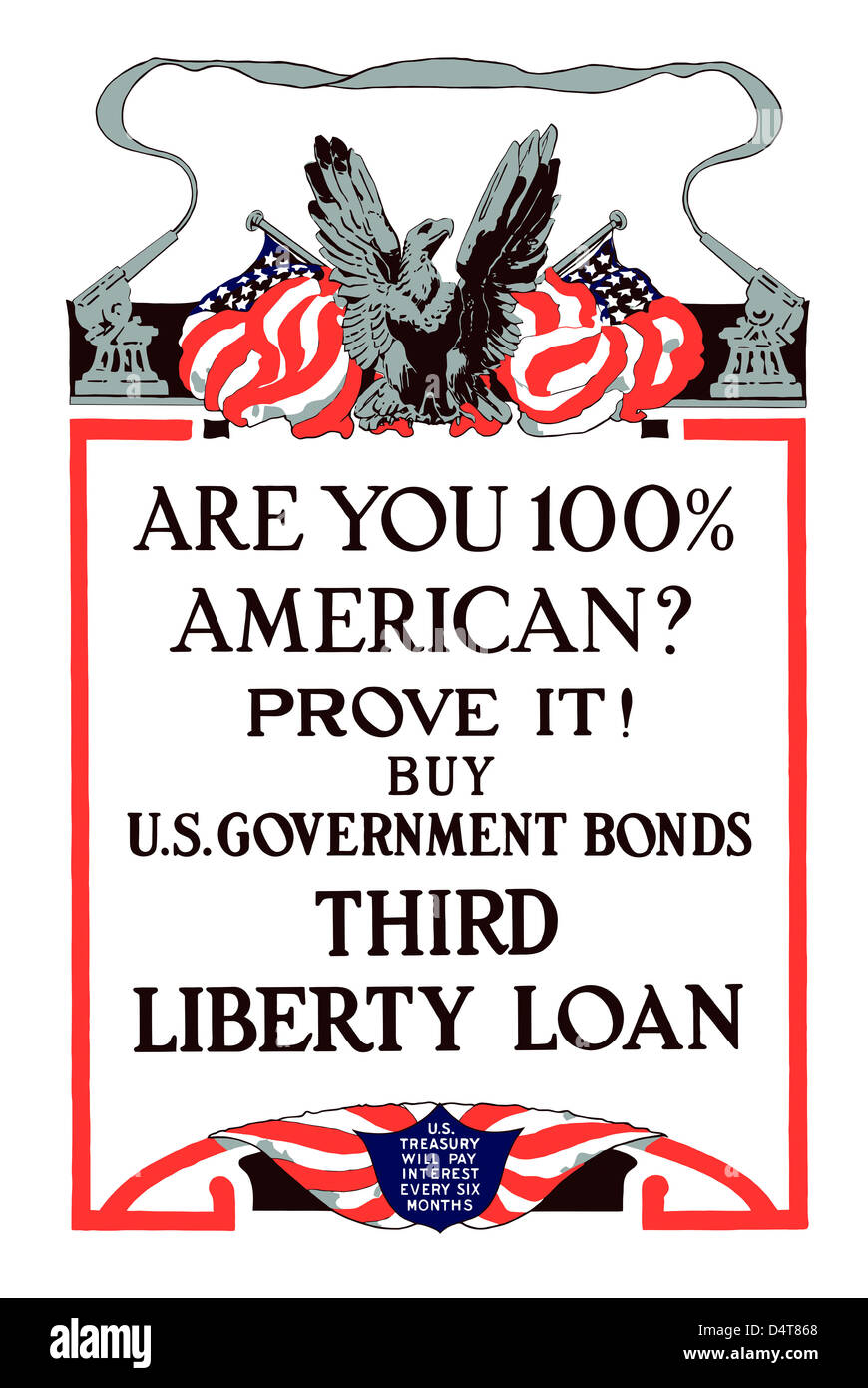 Vintage Weltkrieg Poster einen Weißkopfseeadler, amerikanische Flaggen und Geschütze. Stockfoto