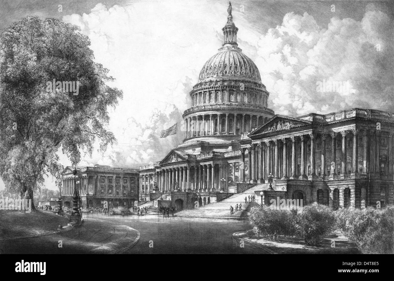 Digital restaurierte Vintage schwarz / weiß Druck des US-Kapitol-Gebäudes. Stockfoto