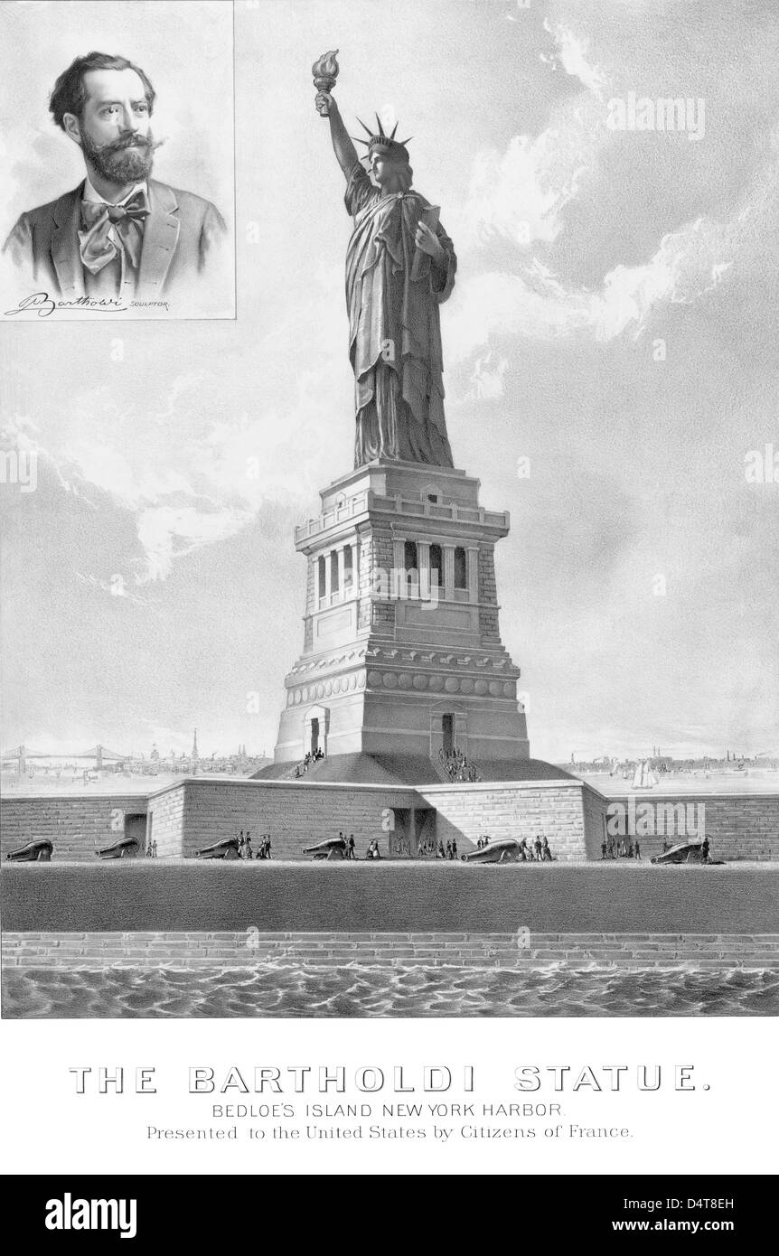 Vintage print zeigt die Freiheitsstatue und ein Portrait des Bildhauers. Stockfoto
