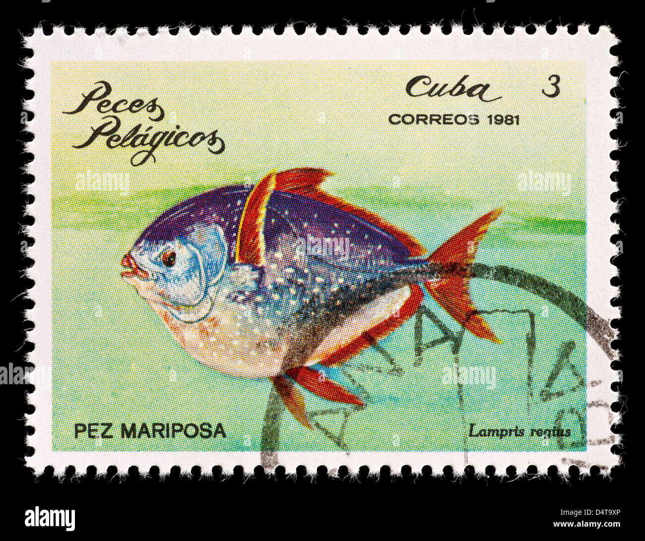 Briefmarke aus Kuba Darstellung Opah Moonfish (Lampris Regius) Stockfoto