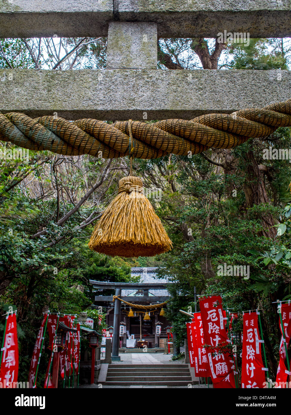 Shimenawa Quaste aus Reisstroh geflochtenen Seil, aufgereiht unter Torii am Eingang zum Yakumo Jinja, Kamakura, Japan hergestellt. Stockfoto