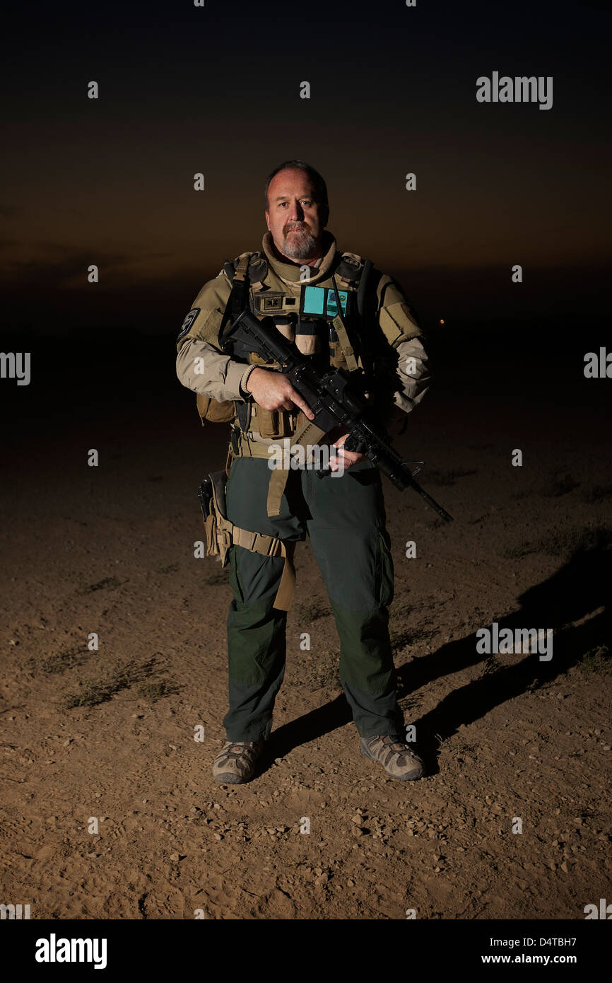 Porträt eines US-Auftragnehmer auf eine Polizeimission in Afghanistan. Stockfoto