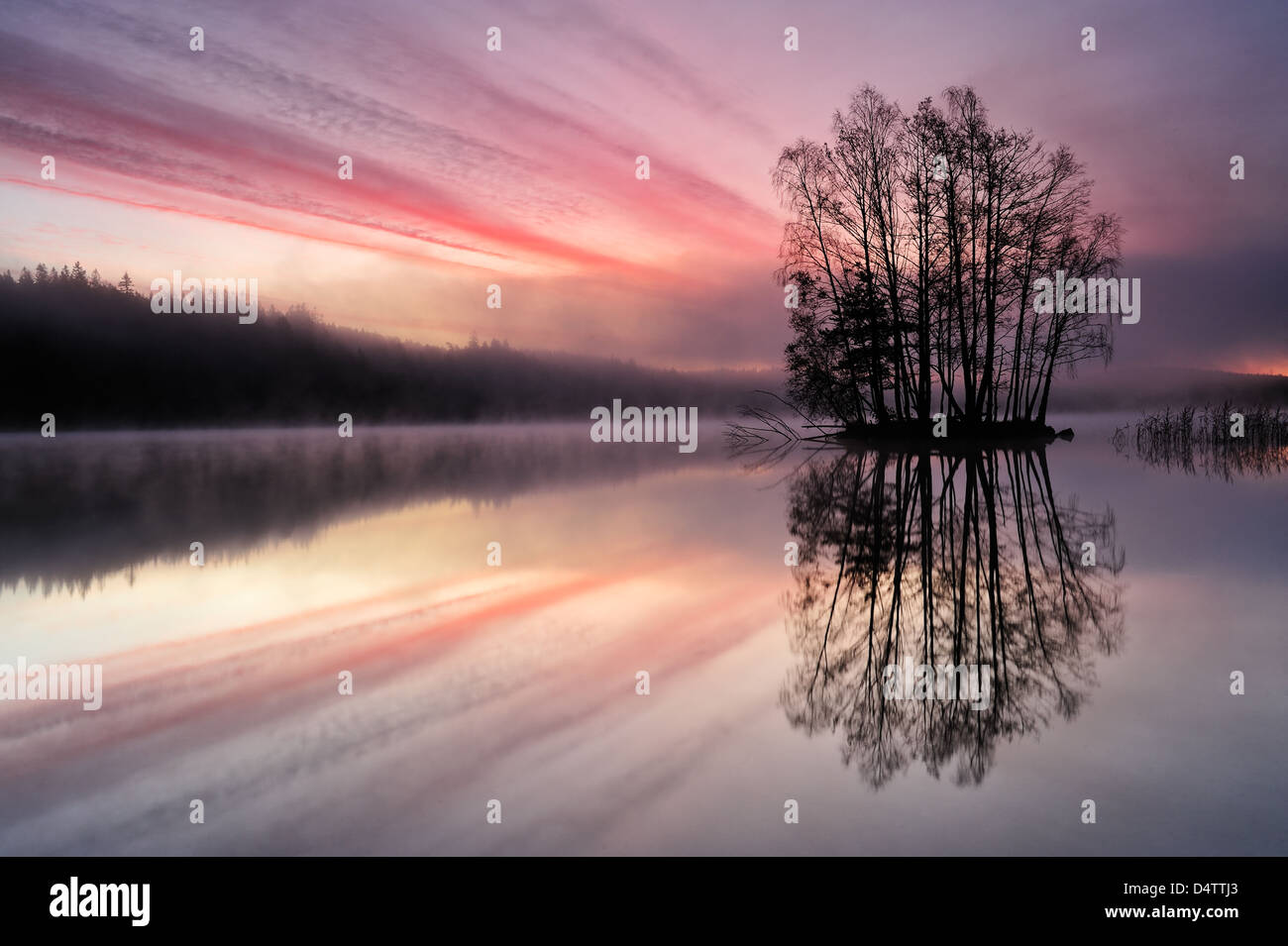 Sonnenaufgang über dem See Finnsjön, Mölnlycke, Schweden, Europa Stockfoto