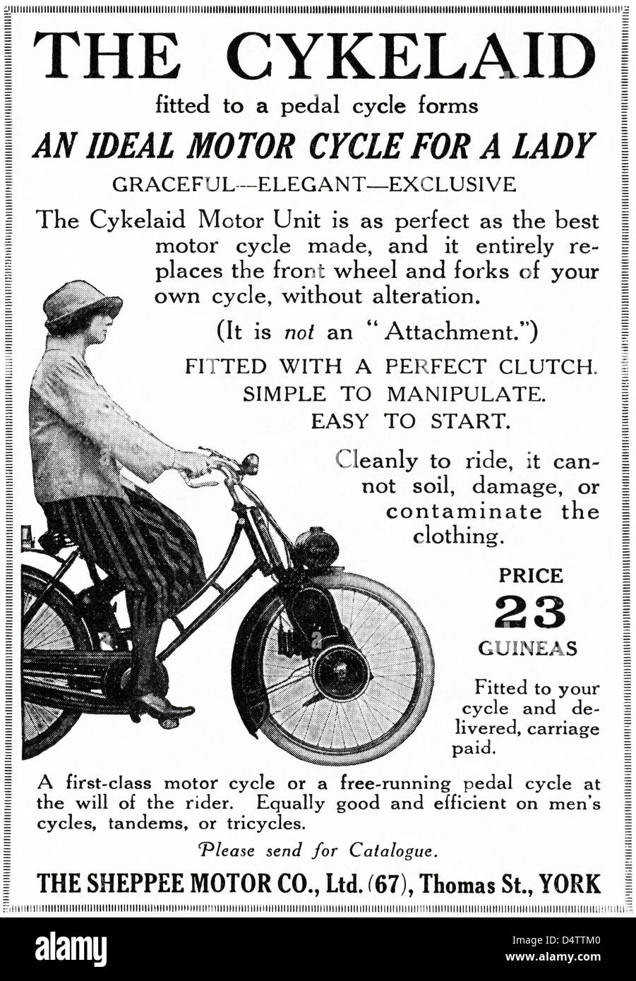 Original 1920er Jahre Periode Vintage Werbung print aus englischen Magazin Werbung THE CYKELAID eine ideale MOTOR CYCLE FOR A LADY von Sheppee Motor Co von York England UK Stockfoto