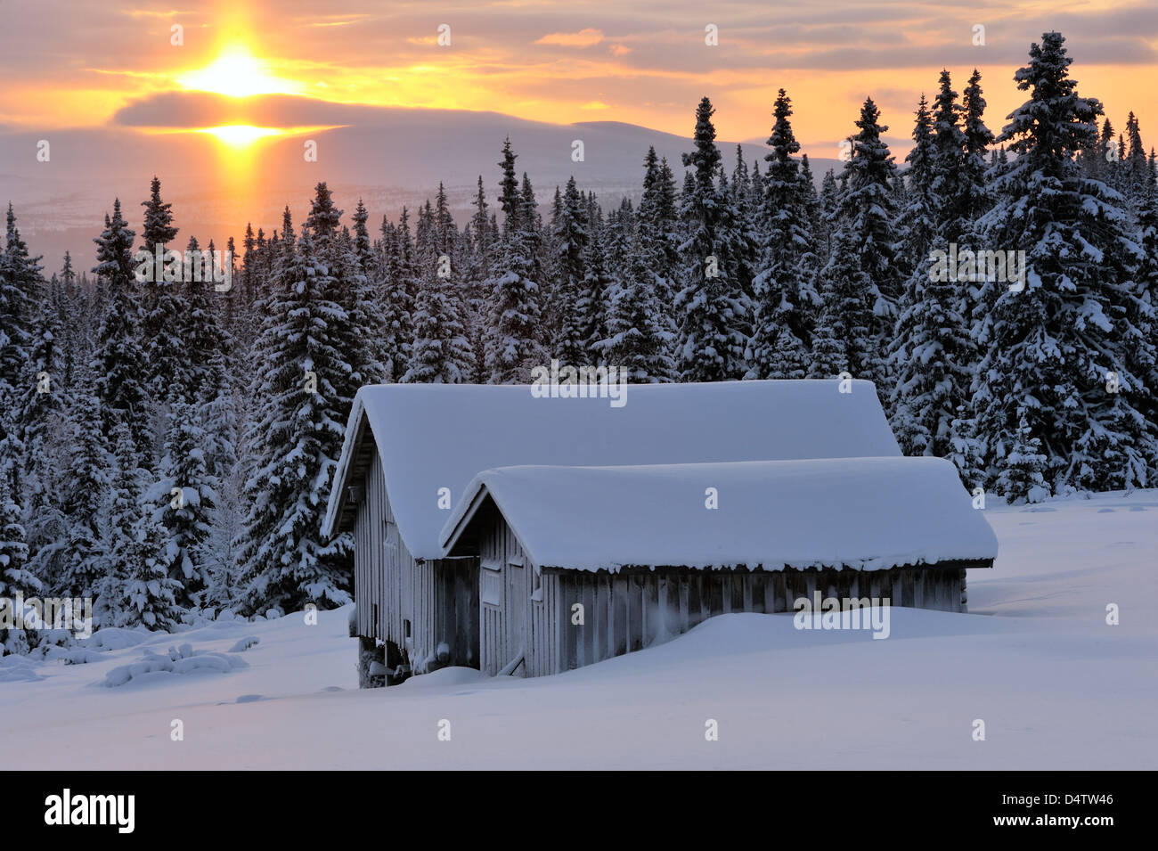 Schnee bedeckte Gebäude bei Sonnenaufgang in Lofsdalen, Härjedalen, Schweden, Europa Stockfoto