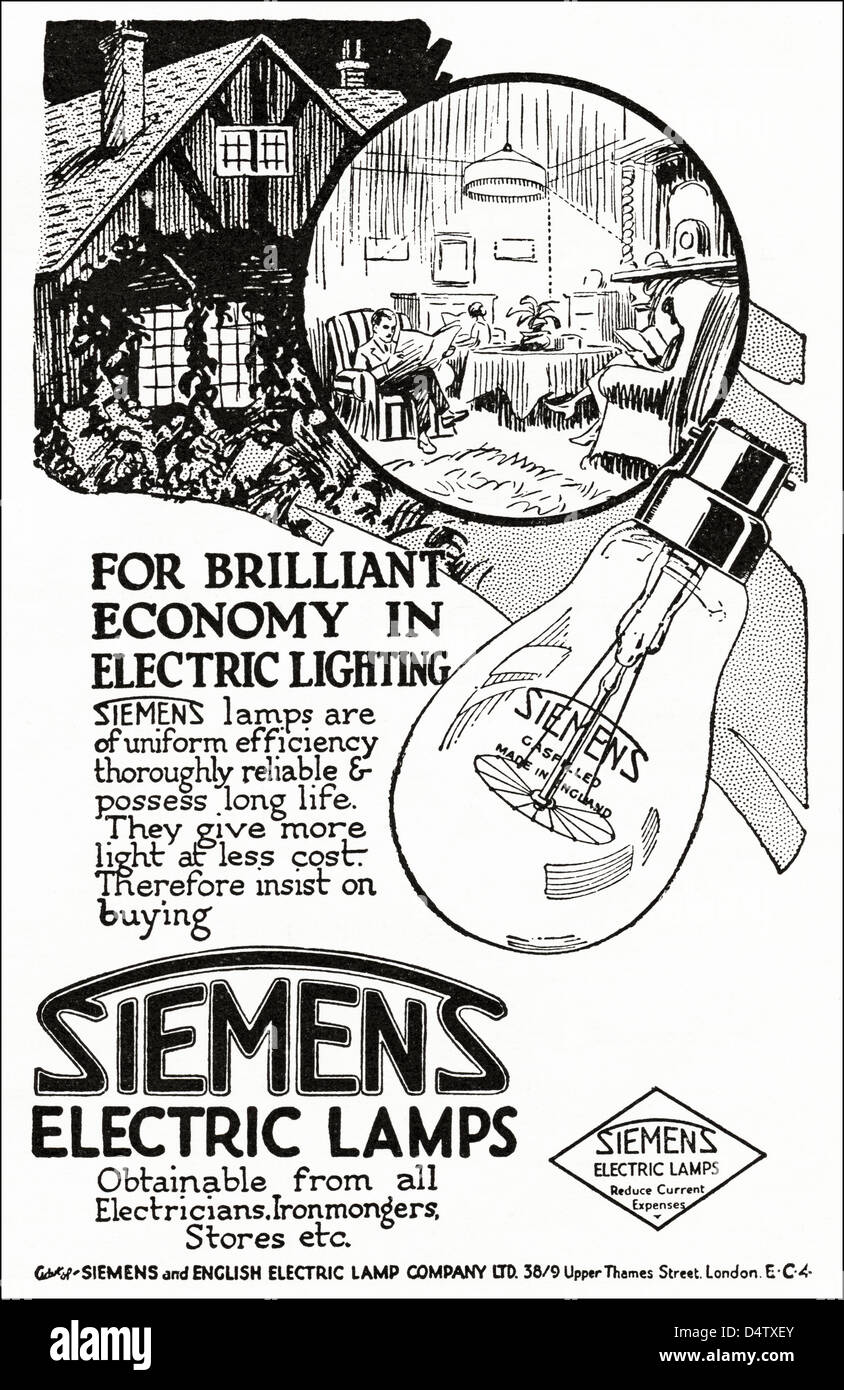 Original 1920er Jahre Periode Vintage Werbung Drucken von englischen Zeitschriftenwerbung SIEMENS elektrische Lampen Glühbirne Stockfoto