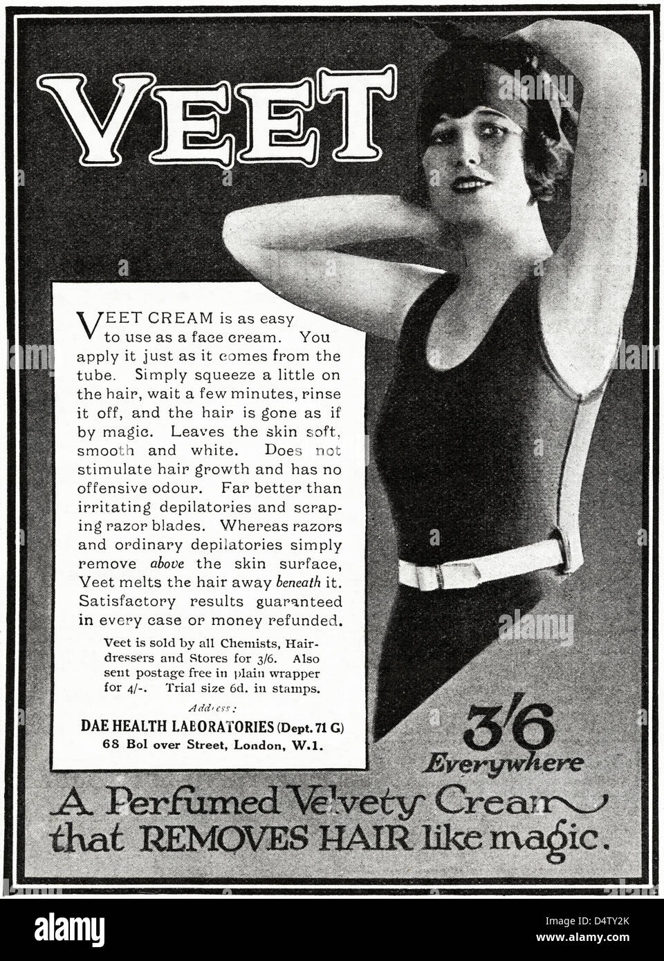 Original 1920er Jahre Periode Vintage Werbung Drucken von englischen Magazin Werbung VEET Creme Haarentferner von Dae Health Laboratories of London Stockfoto