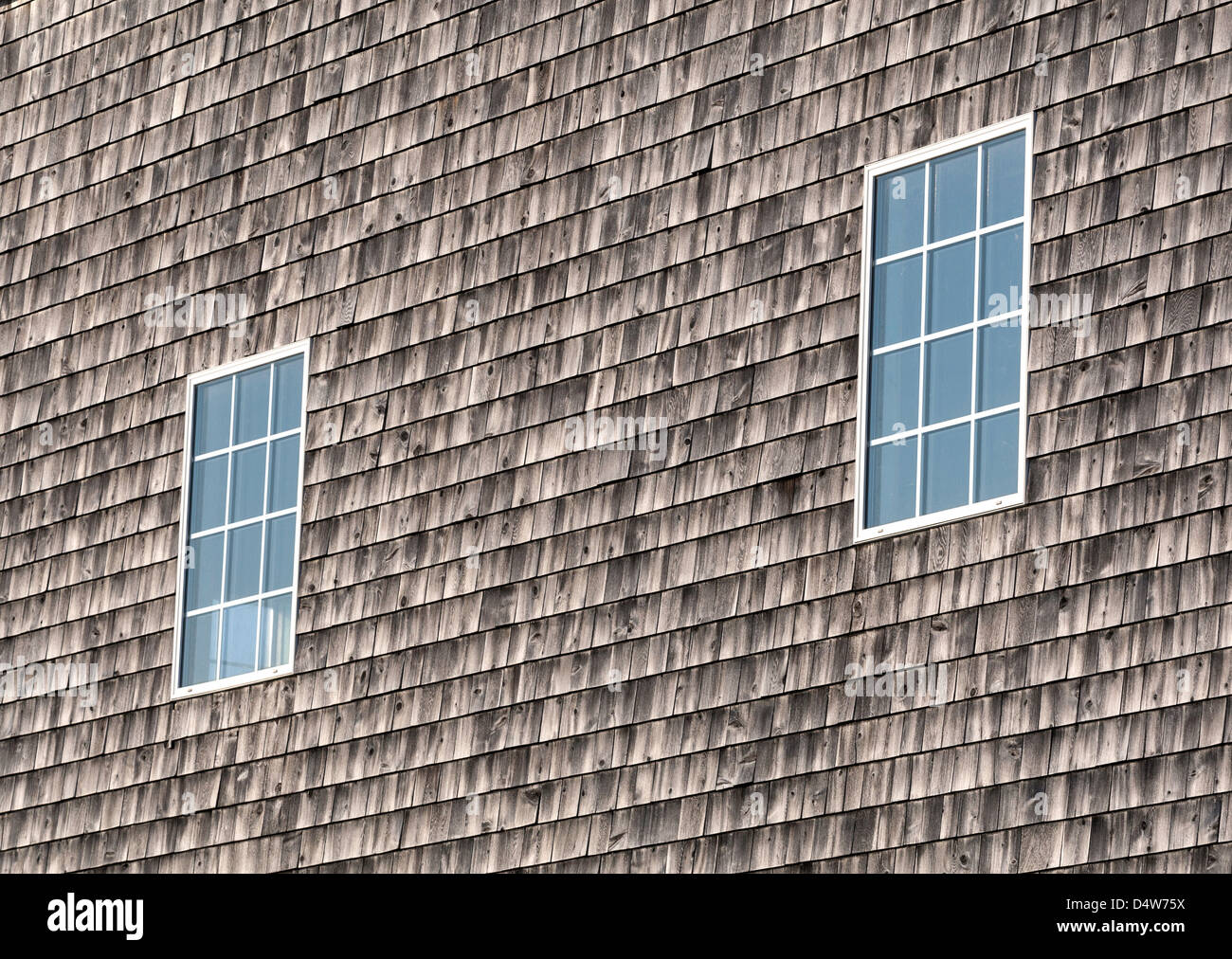 Zwei Fenster auf eine Außenwand mit alten Zeder Schindeln Abstellgleis. Stockfoto