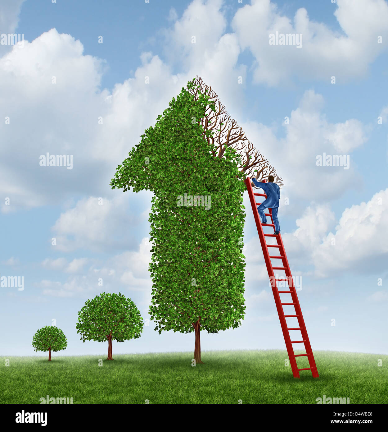 Beratung und finanzielle Hilfe zu investieren, mit einem Baum geformt, wie ein nach oben Pfeil mit fehlenden auf den Zweigen und ein Geschäftsmann lässt Stockfoto