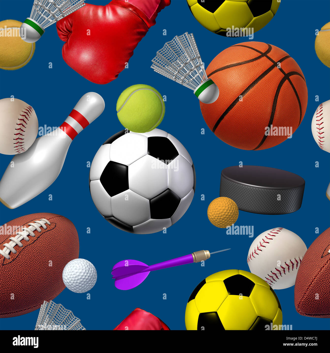 Sport Musterdesign mit dunkelblauem Hintergrund als eine Wiederholung Wiederholung Tapetendesign mit Basketball Eishockey Golf Fußball Kegeln Tennis-Badminton-Fußball-Baseball-Dart und Boxsport. Stockfoto