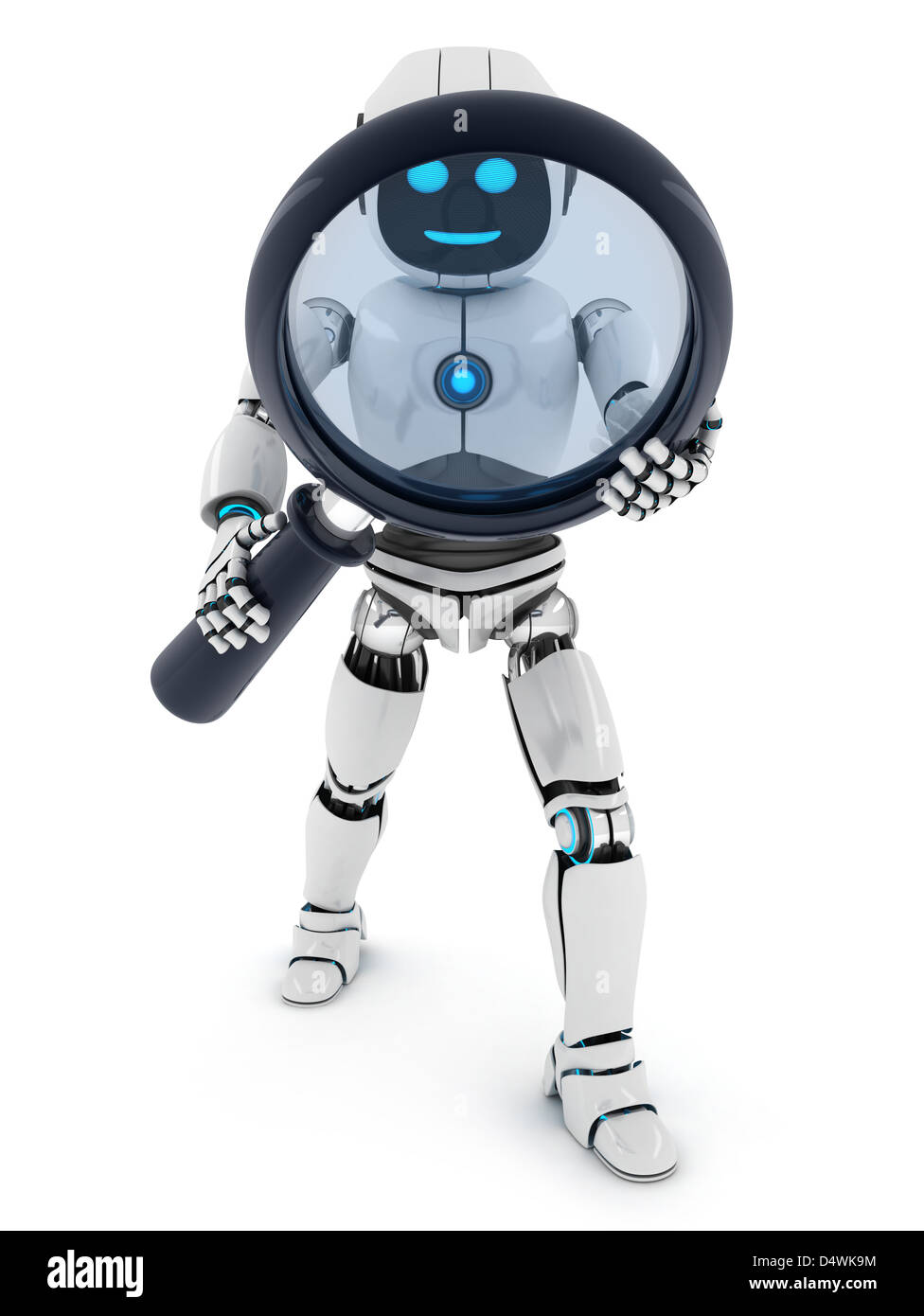 Roboter und Objektiv auf weißem Hintergrund (durchgeführt in 3d) Stockfoto