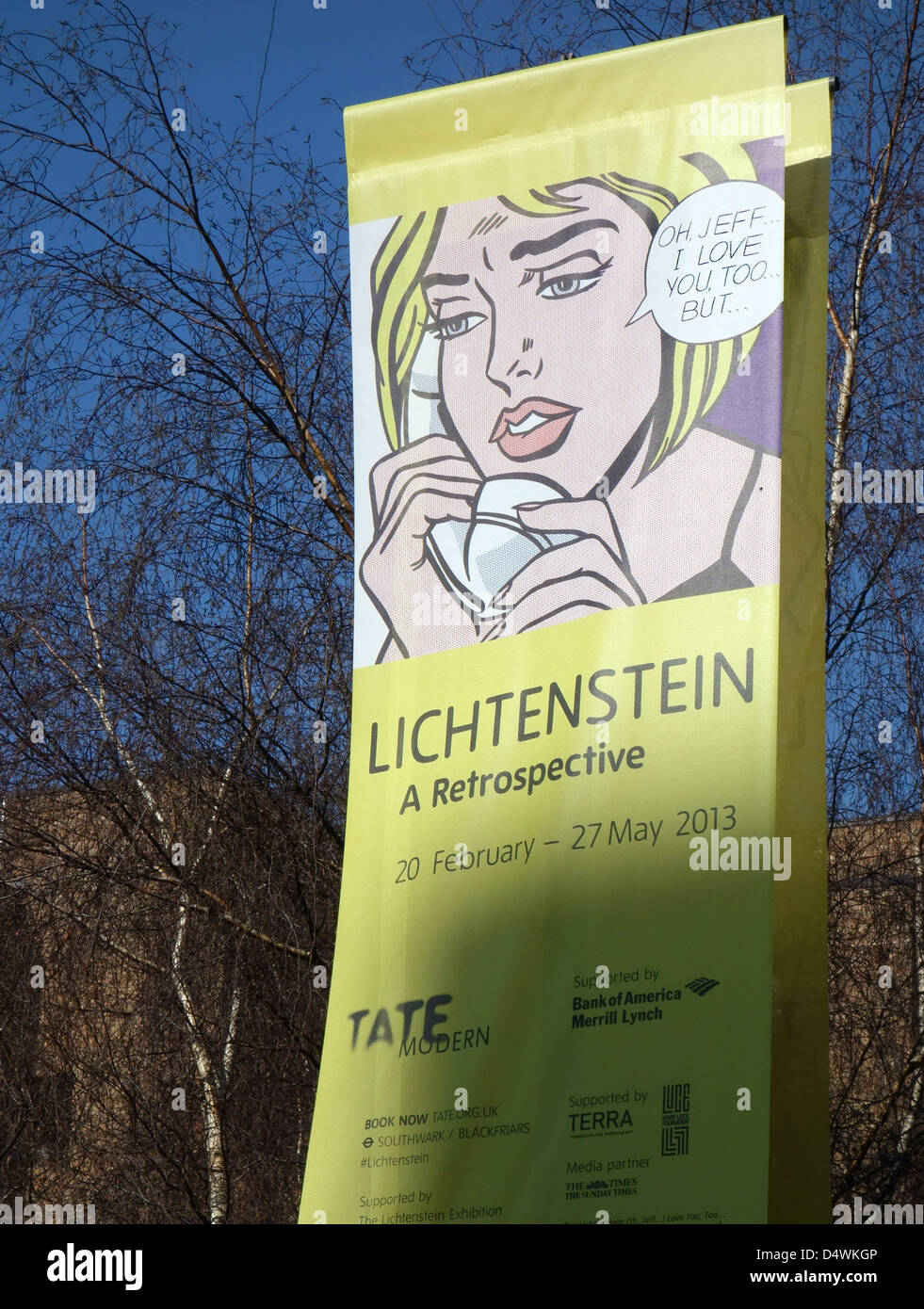 Banner-Werbung Roy Lichtenstein-Ausstellung in der Tate Modern, London Stockfoto