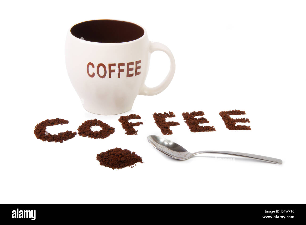Kaffeetasse und Worte Stockfoto