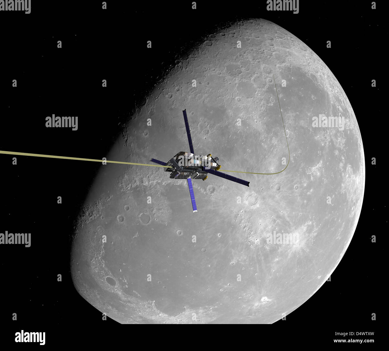 Eine bemannte Mond Weltraumlift steigt von der Oberfläche des Mondes. Stockfoto