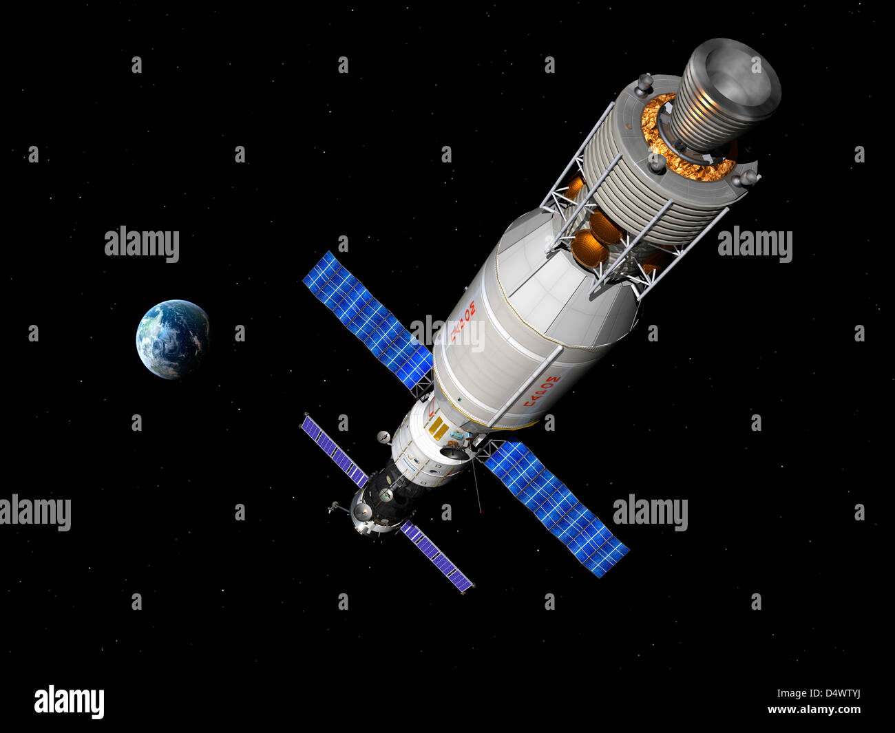 Ein bemanntes Raumschiff Soyuz TMA-M mit einem längeren Aufenthalt-Modul angedockt. Stockfoto