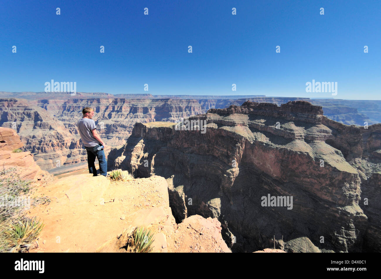 Junge Mann stand am Rande des Grand Canyon Stockfoto