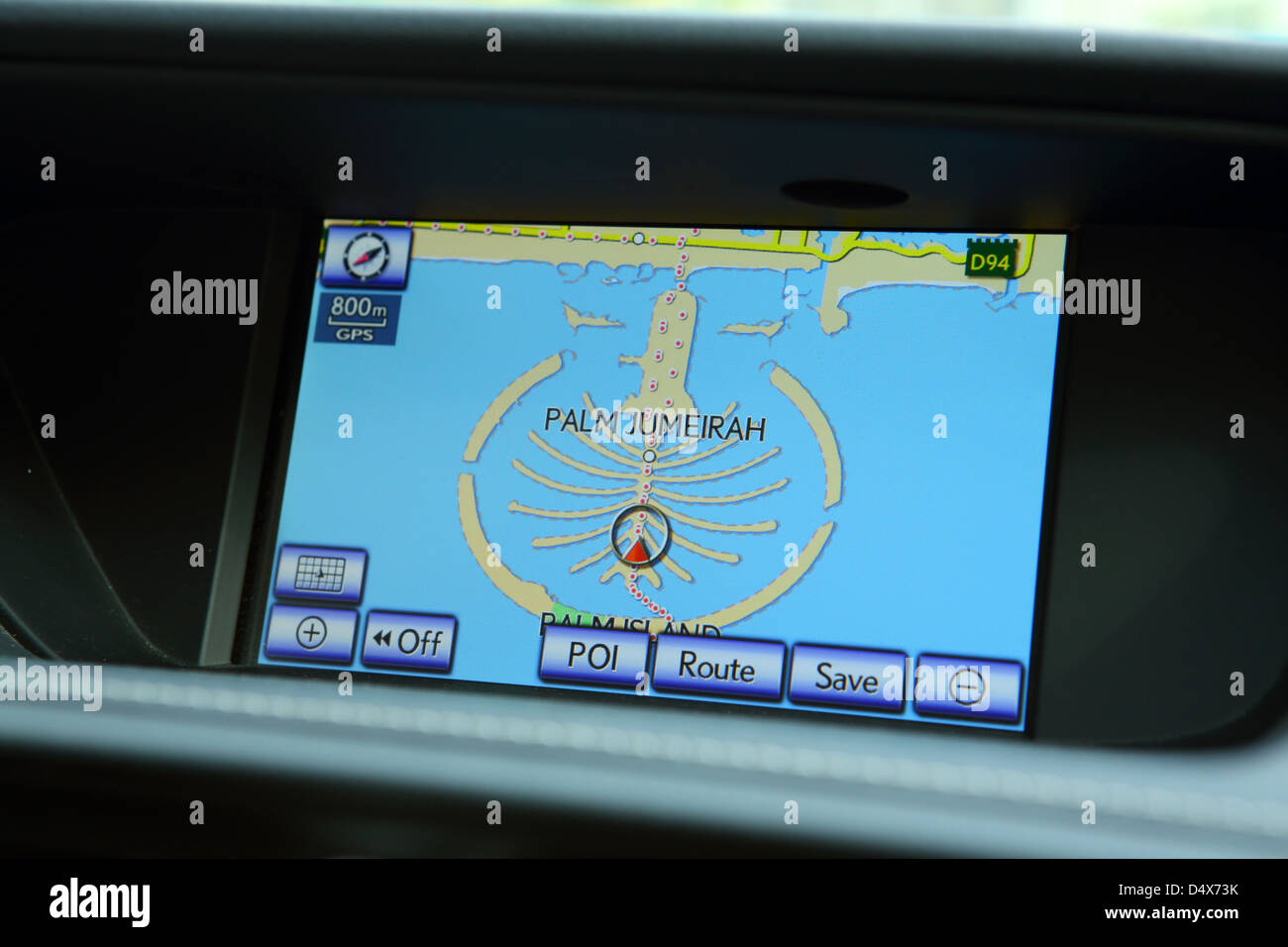GPS-Bildschirm zeigt Palm Jumeirah Dubai, Vereinigte Arabische Emirate Stockfoto