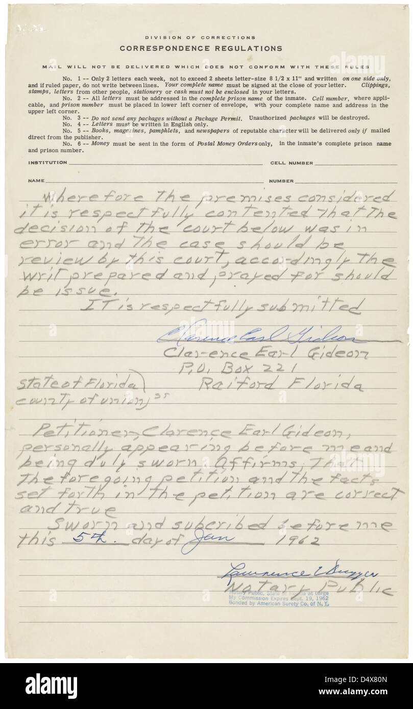 Petition für ein Vollstreckungsbescheid Certiorari Clarence Gideon an den obersten Gerichtshof der Vereinigten Staaten, 05.06.1962 (Seite 5 von 5) Stockfoto
