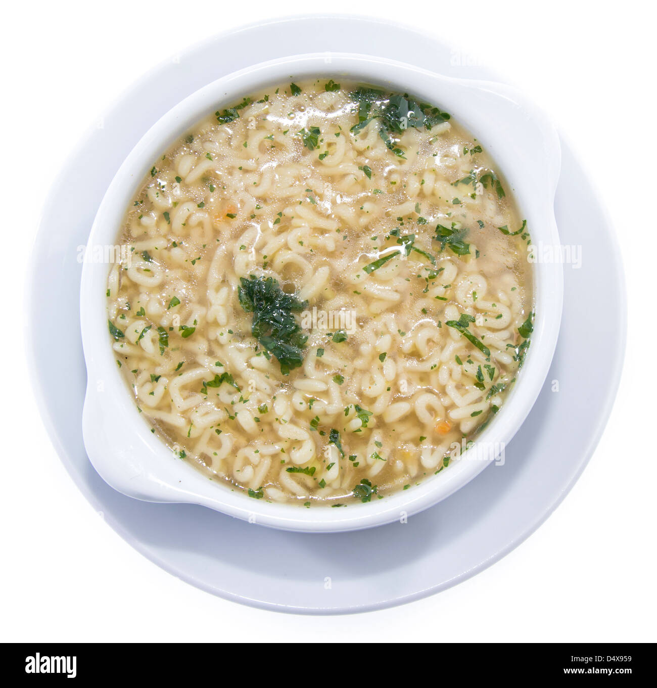 Frisch gemacht Buchstabensuppe mit Kräutern isoliert auf weißem Hintergrund Stockfoto